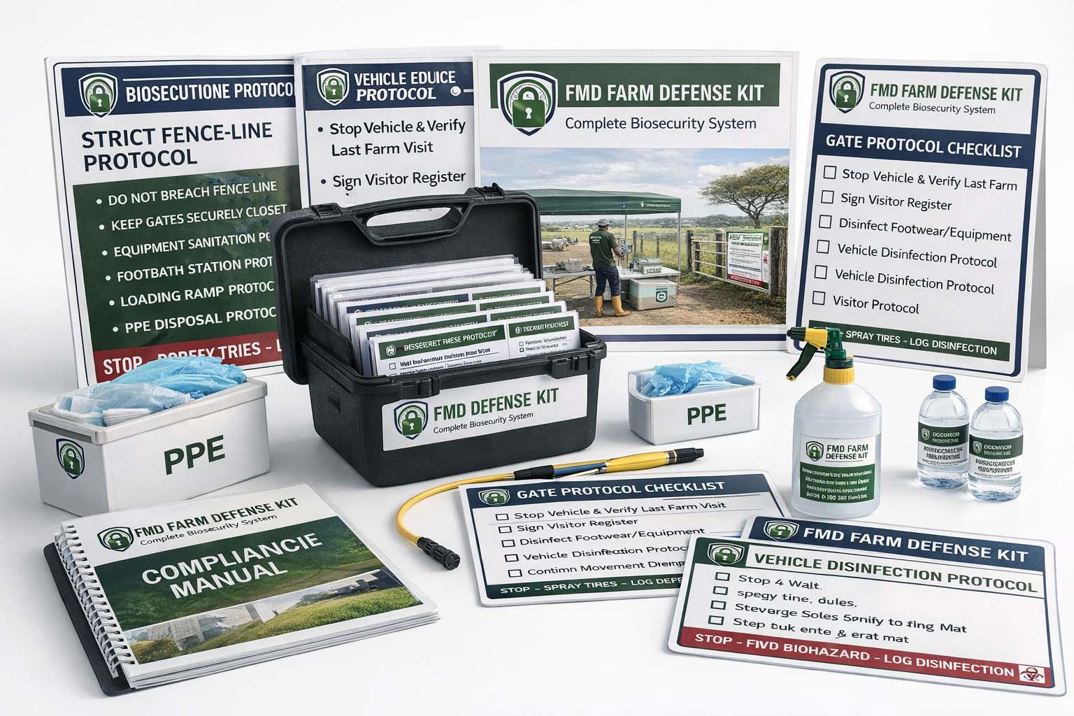 Complete FMD Farm Defense Kit showing all components