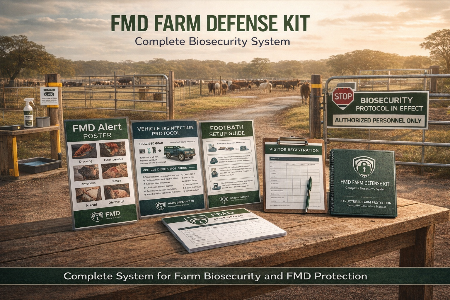 FMD Farm Defense Kit documents including FMD Alert Poster, Vehicle Disinfection Protocol, Footbath Setup Guide, Visitor Registration, and Compliance Manual